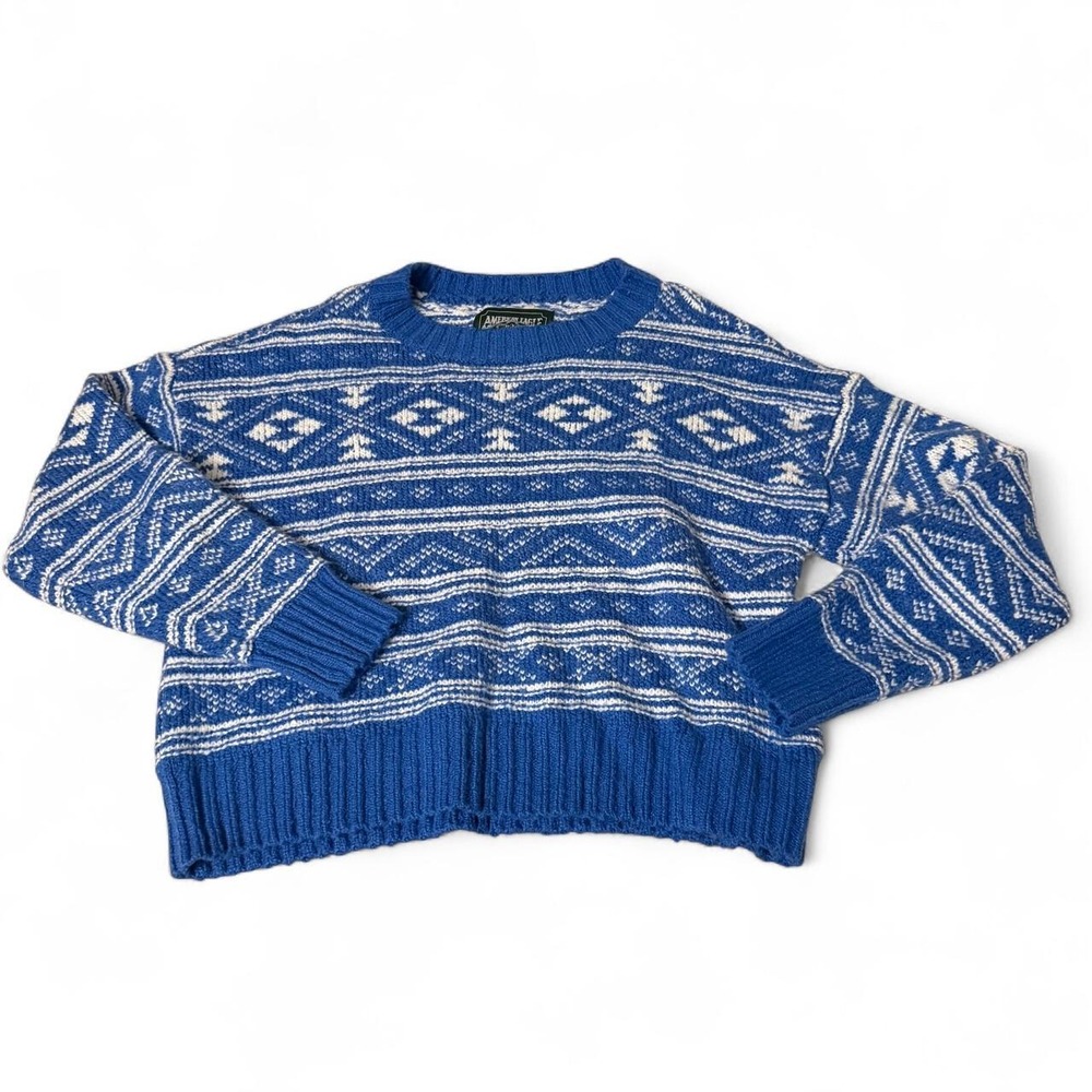 American Eagle Outfitters blue and white geometric patterned knit sweater